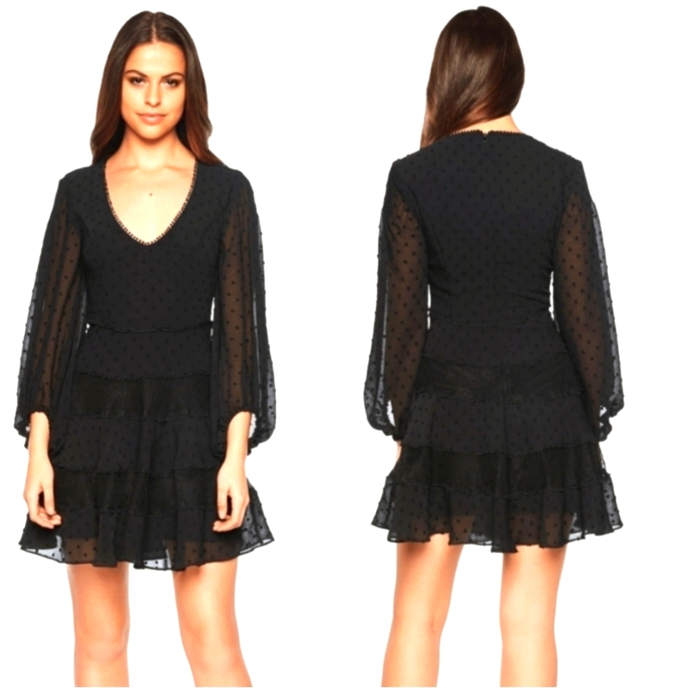 Bardot Mae lace dress tiered, swiss dot mini low v-neck large white or black